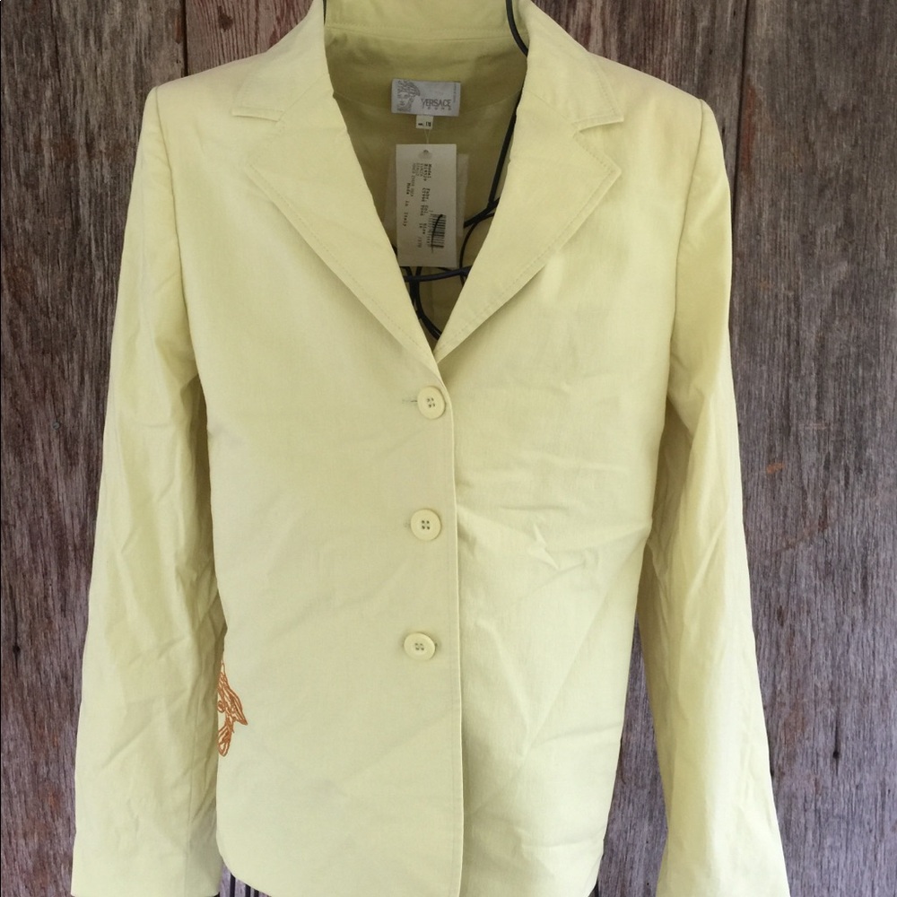 Versace Authentic Vintage Light Yellow Blazer Featuring Embroidered Gold Medusa